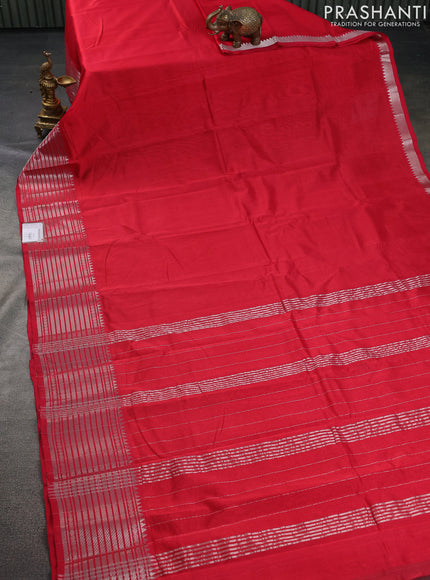 Mangalgiri silk cotton saree reddish pink and mustard yellow with plain body and silver zari woven border