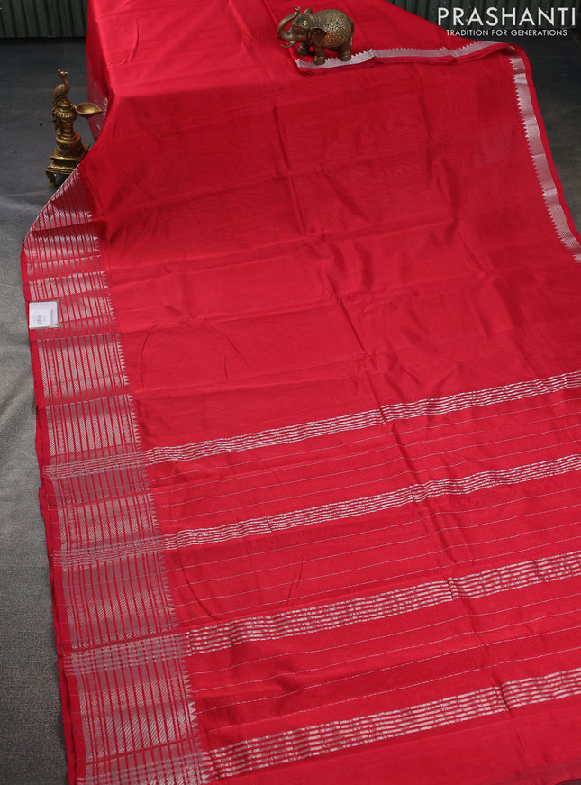 Mangalgiri silk cotton saree reddish pink and mustard yellow with plain body and silver zari woven border
