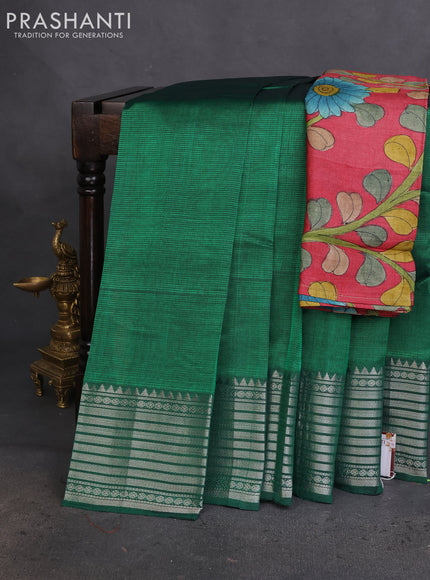Mangalgiri silk cotton saree green and maroon with plain body and silver zari woven border