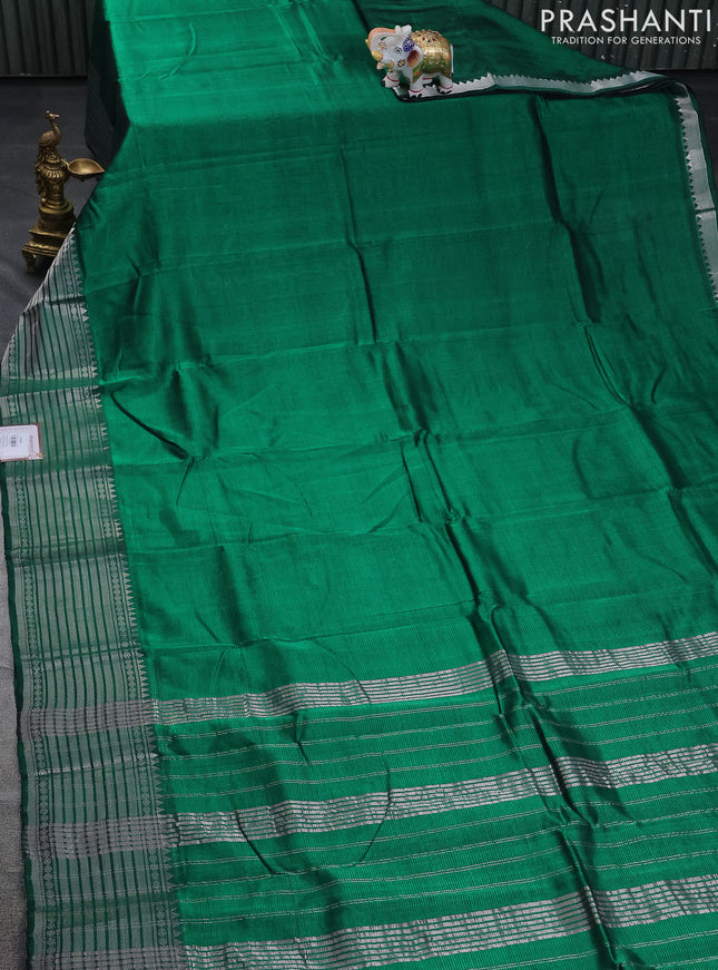 Mangalgiri silk cotton saree green and maroon with plain body and silver zari woven border