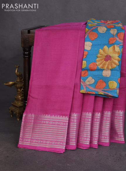 Mangalgiri silk cotton saree purple shade with plain body and silver zari woven border