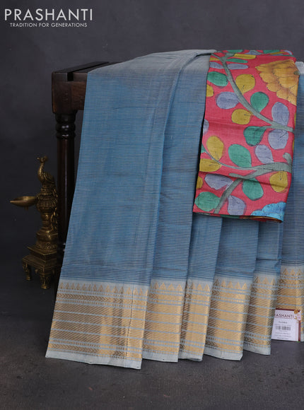 Mangalgiri silk cotton saree peacock blue shade and maroon shade with plain body and zari woven border