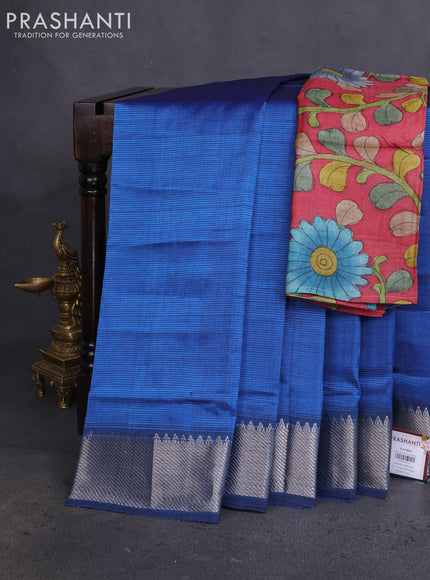 Mangalgiri silk cotton saree blue and maroon shade with plain body and silver zari woven border