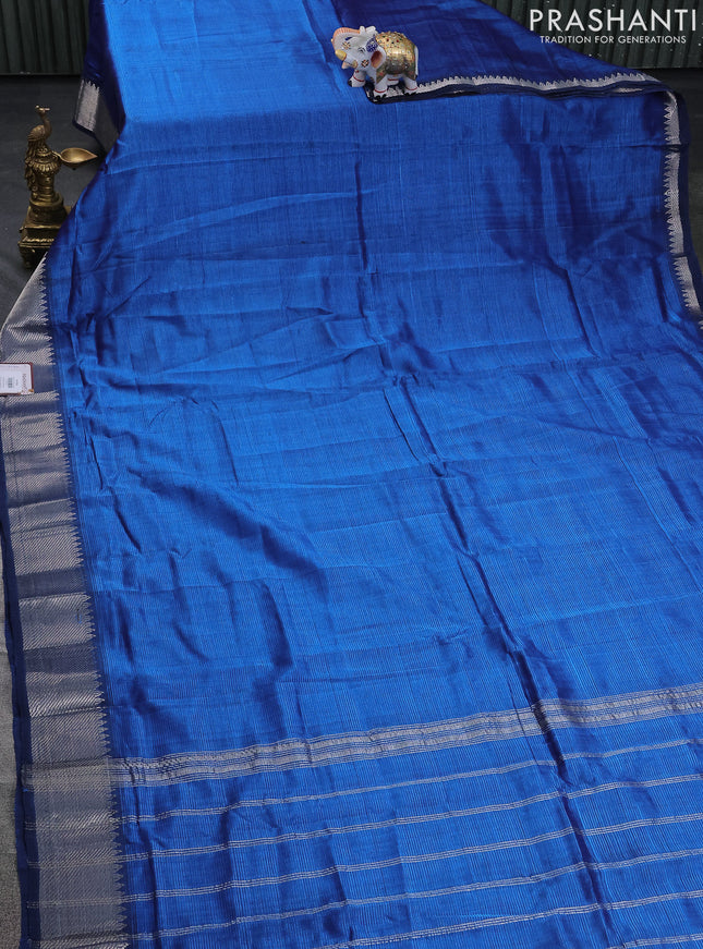 Mangalgiri silk cotton saree blue and maroon shade with plain body and silver zari woven border