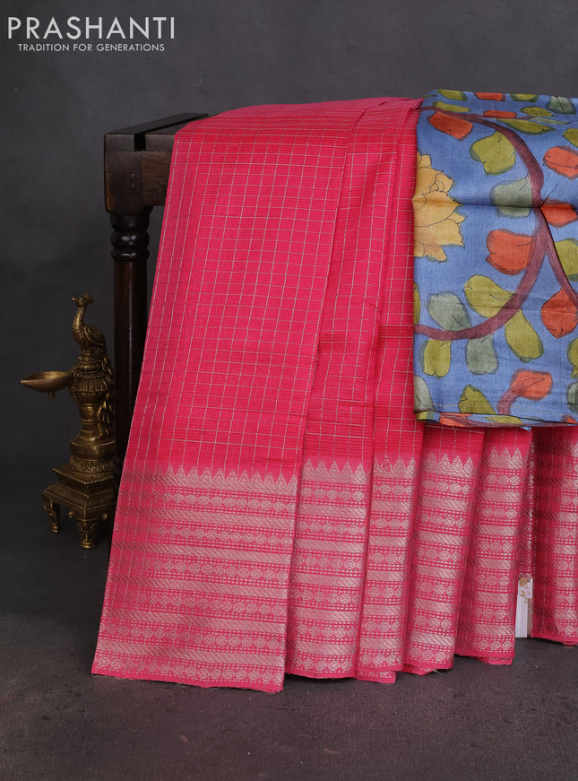 Mangalgiri silk cotton saree pink and bluish grey with allover silver zari checked pattern and long silver zari woven border