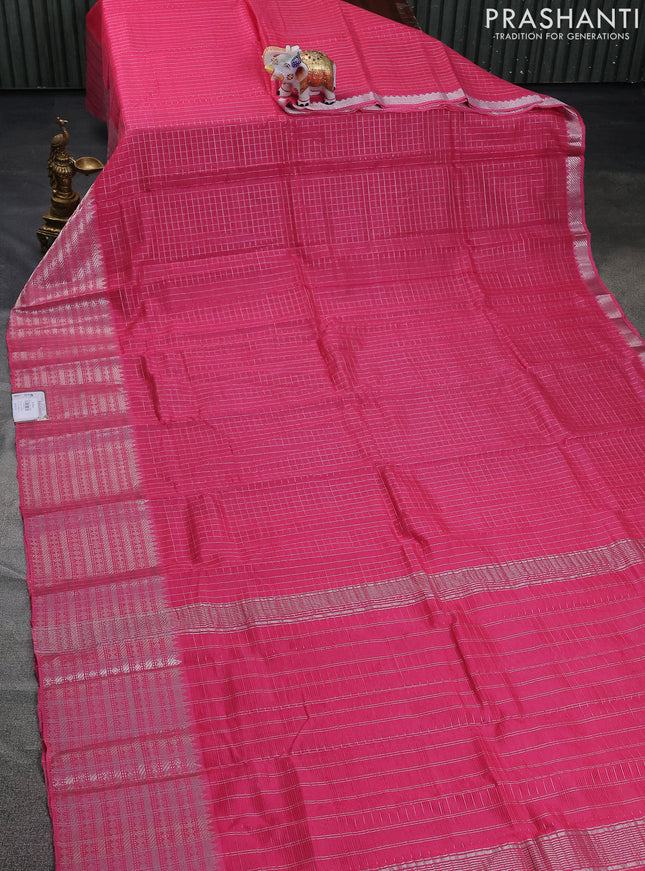 Mangalgiri silk cotton saree pink and bluish grey with allover silver zari checked pattern and long silver zari woven border