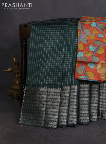 Mangalgiri silk cotton saree bottle green and rustic orange with allover silver zari checked pattern and long silver zari woven border