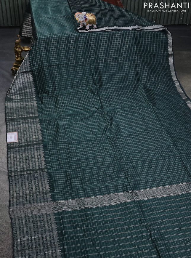Mangalgiri silk cotton saree bottle green and rustic orange with allover silver zari checked pattern and long silver zari woven border