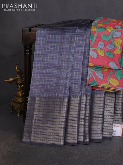 Mangalgiri silk cotton saree grey and maroon with allover silver zari checked pattern and long silver zari woven border