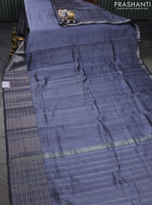 Mangalgiri silk cotton saree grey and maroon with allover silver zari checked pattern and long silver zari woven border