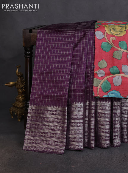 Mangalgiri silk cotton saree purple and maroon with allover silver zari checked pattern and long silver zari woven border