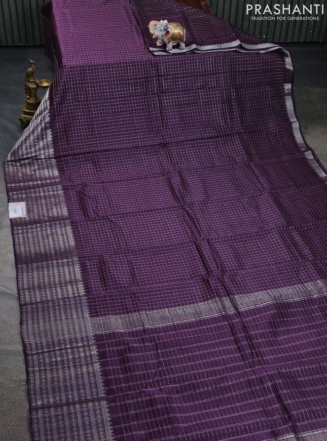 Mangalgiri silk cotton saree purple and maroon with allover silver zari checked pattern and long silver zari woven border