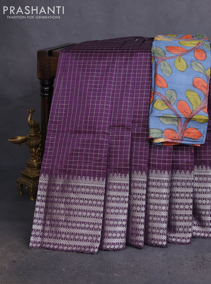 Mangalgiri silk cotton saree jamun shade and grey with allover zari checked pattern and long silver zari woven border
