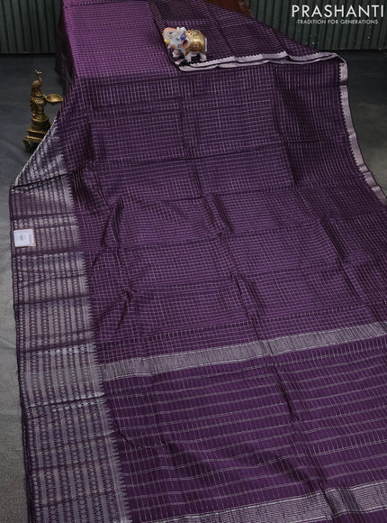 Mangalgiri silk cotton saree jamun shade and grey with allover zari checked pattern and long silver zari woven border