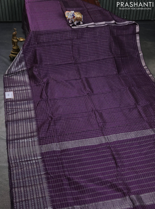 Mangalgiri silk cotton saree jamun shade and grey with allover zari checked pattern and long silver zari woven border