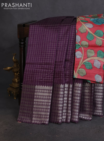Mangalgiri silk cotton saree jamun shade and maroon shade with allover zari checked pattern and long silver zari woven border