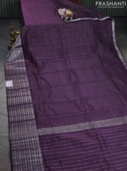 Mangalgiri silk cotton saree jamun shade and maroon shade with allover zari checked pattern and long silver zari woven border