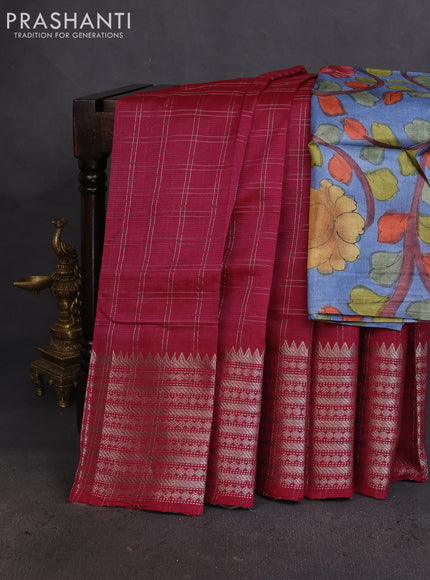 Mangalgiri silk cotton saree magenta pink and bluish grey with allover zari checked pattern and long silver zari woven border