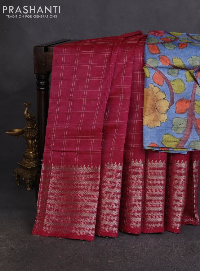 Mangalgiri silk cotton saree magenta pink and bluish grey with allover zari checked pattern and long silver zari woven border