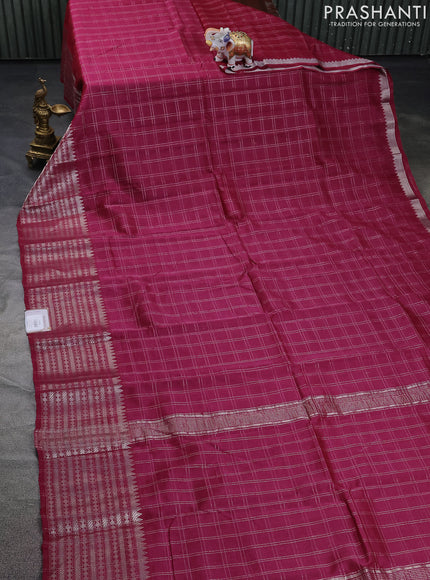 Mangalgiri silk cotton saree magenta pink and bluish grey with allover zari checked pattern and long silver zari woven border