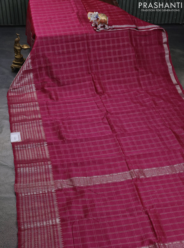 Mangalgiri silk cotton saree magenta pink and bluish grey with allover zari checked pattern and long silver zari woven border