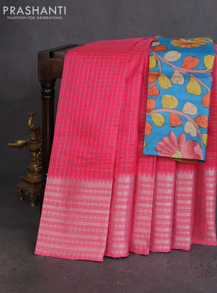 Mangalgiri silk cotton saree light pink and cs blue with allover silver zari checked pattern and long silver zari woven border