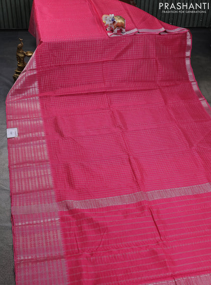 Mangalgiri silk cotton saree light pink and cs blue with allover silver zari checked pattern and long silver zari woven border