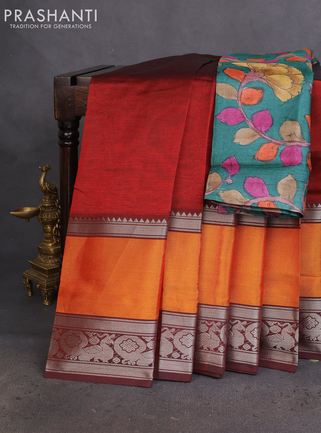Mangalgiri silk cotton saree maroon and dark green with plain body and long rettapet silver zari woven border
