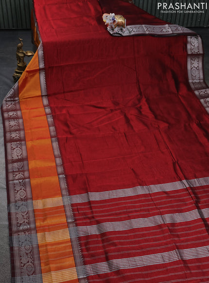 Mangalgiri silk cotton saree maroon and dark green with plain body and long rettapet silver zari woven border