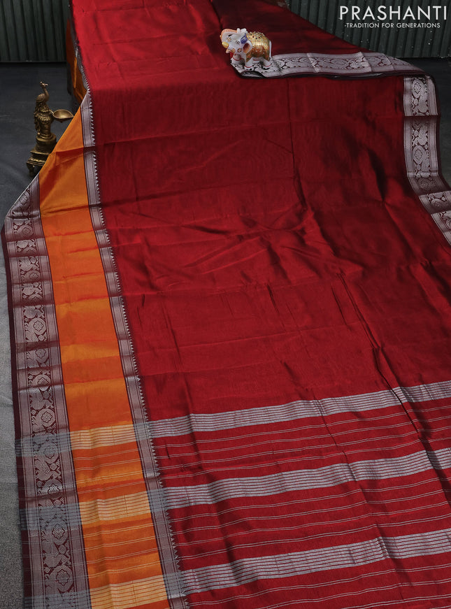 Mangalgiri silk cotton saree maroon and dark green with plain body and long rettapet silver zari woven border