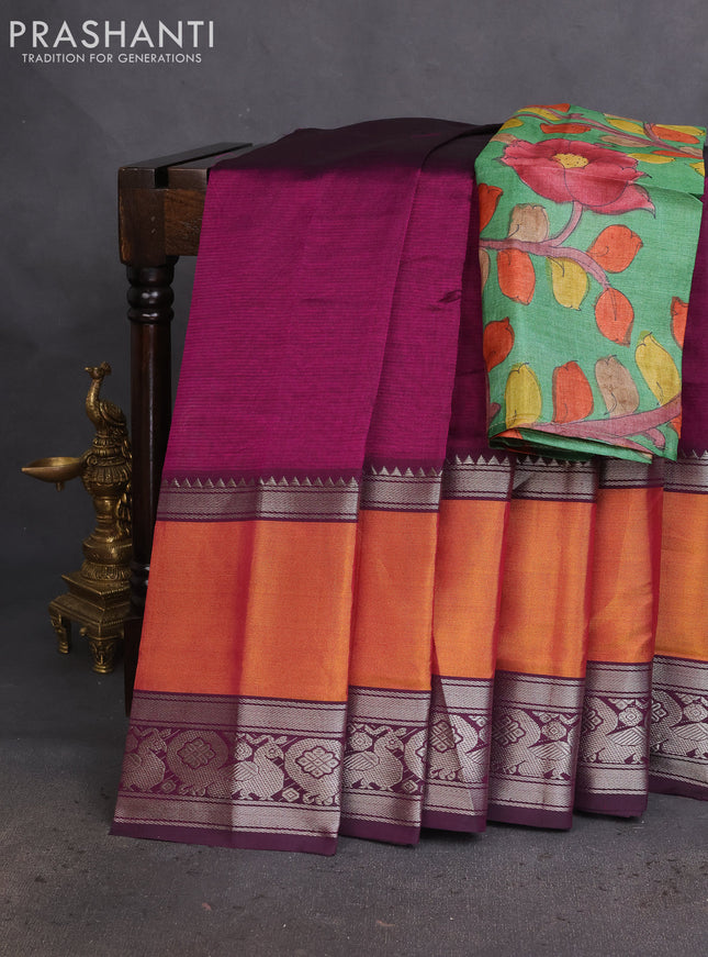 Mangalgiri silk cotton saree purple and green with plain body and long rettapet silver zari woven border
