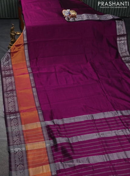 Mangalgiri silk cotton saree purple and green with plain body and long rettapet silver zari woven border