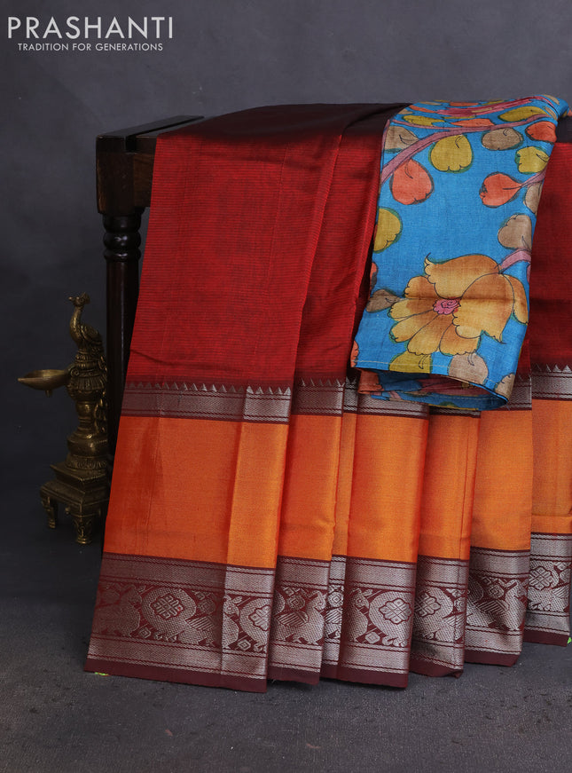 Mangalgiri silk cotton saree maroon and blue with plain body and long rettapet silver zari woven border
