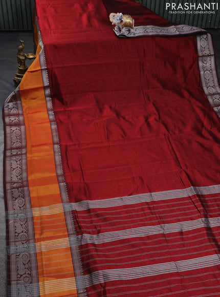 Mangalgiri silk cotton saree maroon and blue with plain body and long rettapet silver zari woven border
