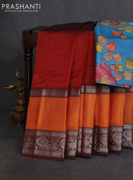 Mangalgiri silk cotton saree maroon and teal blue with plain body and long rettapet silver zari woven border