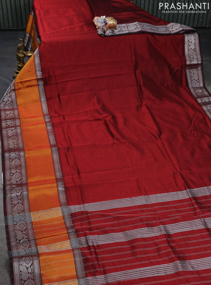 Mangalgiri silk cotton saree maroon and teal blue with plain body and long rettapet silver zari woven border