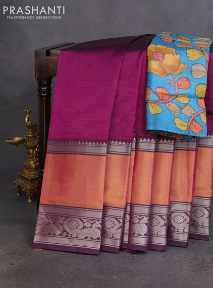 Mangalgiri silk cotton saree purple and teal blue with plain body and long rettapet silver zari woven border