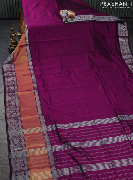 Mangalgiri silk cotton saree purple and teal blue with plain body and long rettapet silver zari woven border