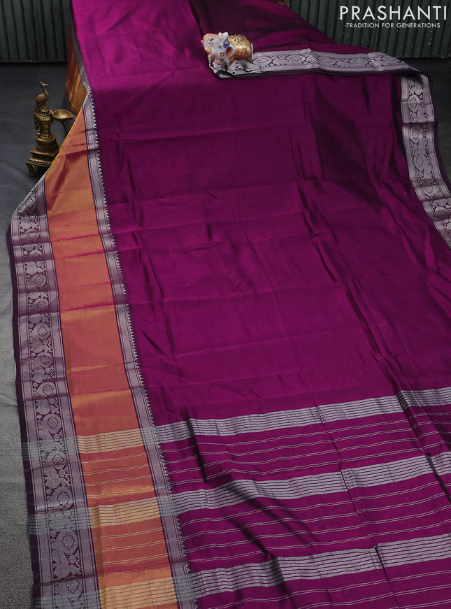 Mangalgiri silk cotton saree purple and teal blue with plain body and long rettapet silver zari woven border