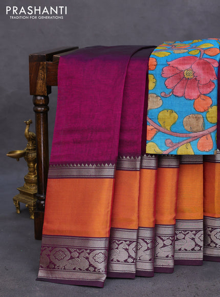 Mangalgiri silk cotton saree purple and teal blue with plain body and long rettapet silver zari woven border