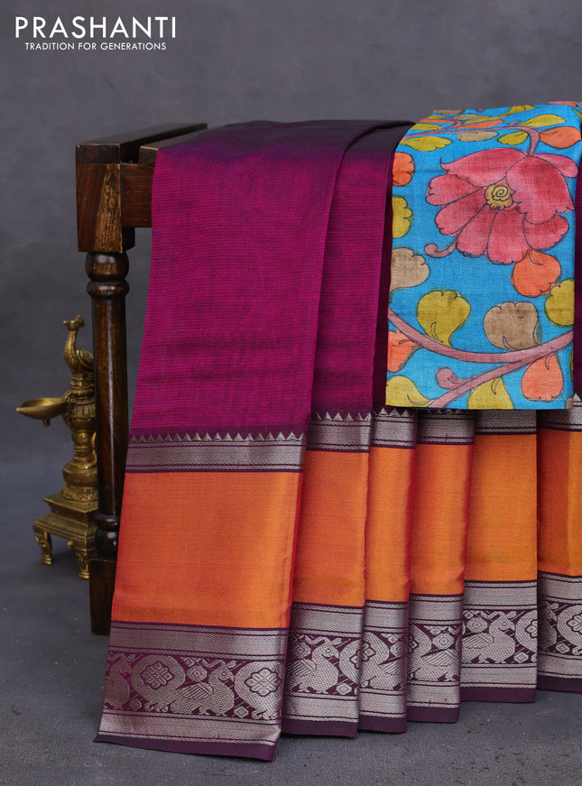 Mangalgiri silk cotton saree purple and teal blue with plain body and long rettapet silver zari woven border