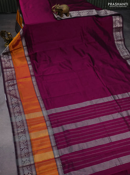 Mangalgiri silk cotton saree purple and teal blue with plain body and long rettapet silver zari woven border
