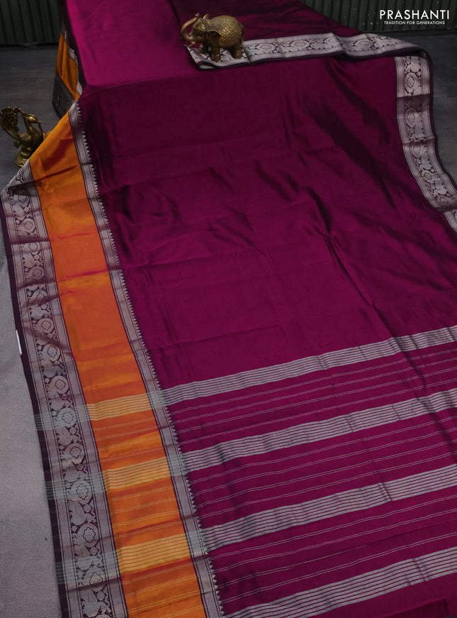 Mangalgiri silk cotton saree purple and teal blue with plain body and long rettapet silver zari woven border