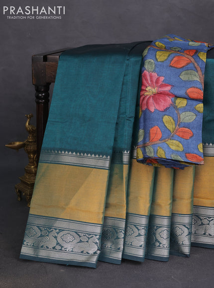 Mangalgiri silk cotton saree peacock green and blue with plain body and long rettapet silver zari woven border