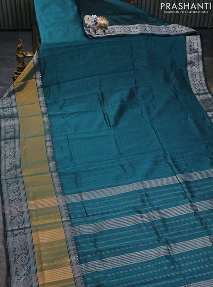 Mangalgiri silk cotton saree peacock green and blue with plain body and long rettapet silver zari woven border