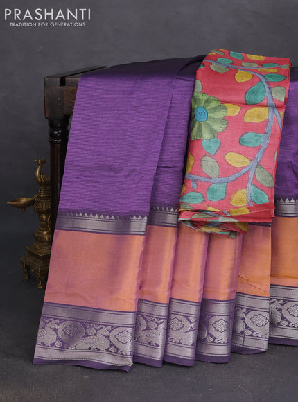 Mangalgiri silk cotton saree purple shade and maroon with plain body and long rettapet silver zari woven border