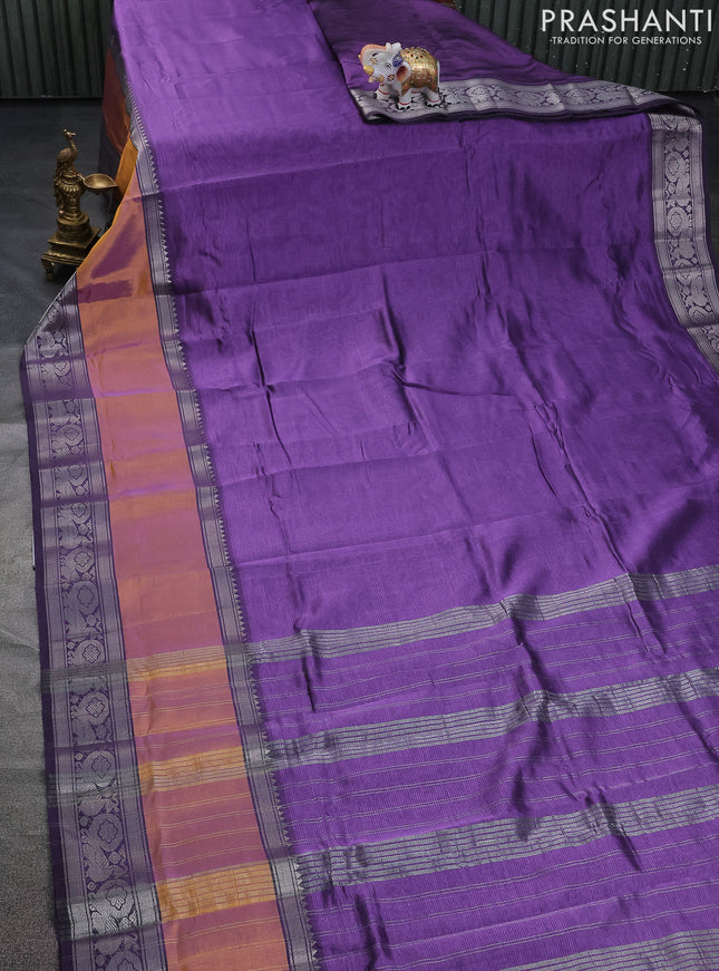 Mangalgiri silk cotton saree purple shade and maroon with plain body and long rettapet silver zari woven border
