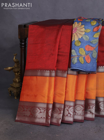Mangalgiri silk cotton saree maroon and blue with plain body and long rettapet silver zari woven border