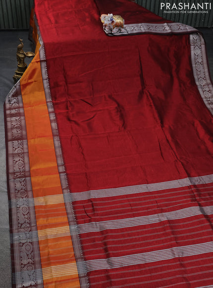Mangalgiri silk cotton saree maroon and blue with plain body and long rettapet silver zari woven border