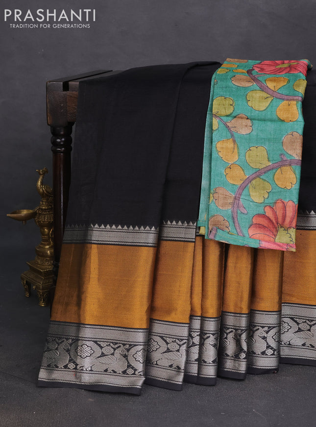 Mangalgiri silk cotton saree black and green with plain body and long rettapet silver zari woven border